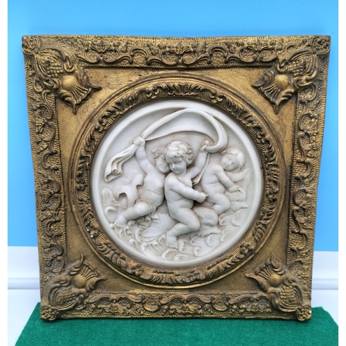 137 - Ornate Carved and Framed Cherub Scene. 31cm x 31cm.