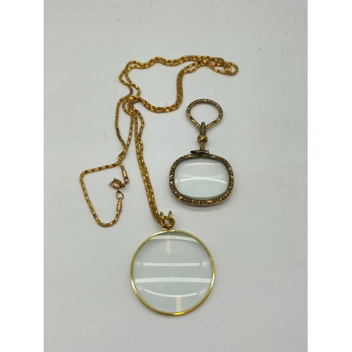 160E - Ladies Gold Tone Magnifying Glasses (2) 1 on 18ct Gold Plate Chain.