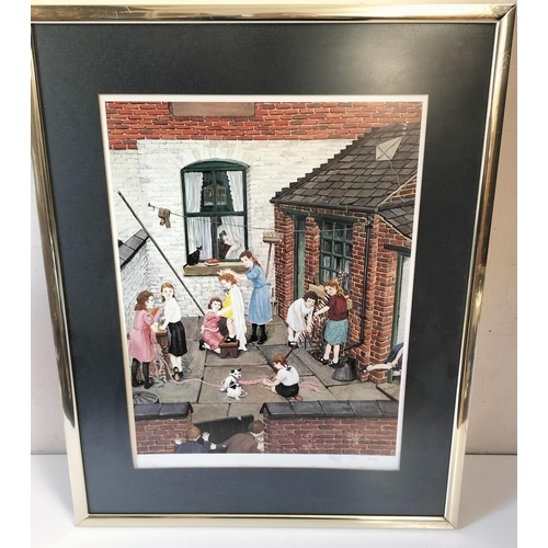 200A - Framed and Signed Limited Edition 525/850 Tom Dodson Print 'Backyard, Children at Play' 66cm x 54cm.