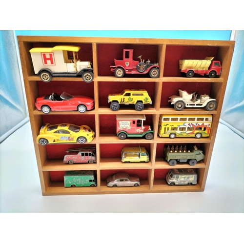 210A - Display Case containing 15 x Vintage Cars. 29cm x 23cm.