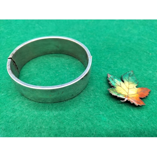 213 - Silver Hallmarked Bangle plus Enamelled Sterling Leaf Brooch. 35 Grams. Enamel Chipped and Dents to ... 