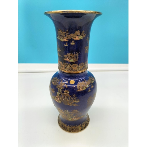 221 - 1920's Carlton Ware 'Kang Hsi 1662-1722' Blue Royale 27cm Vase with Pagoda Design.