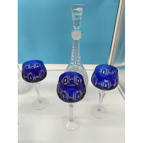 492 - Collection of Glass Ware to include 38cm High Cut Glass Decanter, 3 x Dark Blue Cut Glass Wine Glass... 