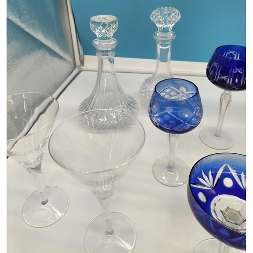 492 - Collection of Glass Ware to include 38cm High Cut Glass Decanter, 3 x Dark Blue Cut Glass Wine Glass... 