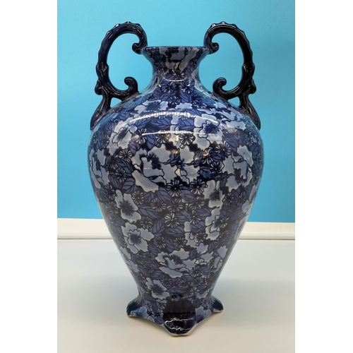 553 - Regency Ironstone 40cm Twin Handled Vase with Blue Flower Pattern.