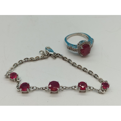 755 - 925 Silver Red Stone Set Ring and Bracelet.