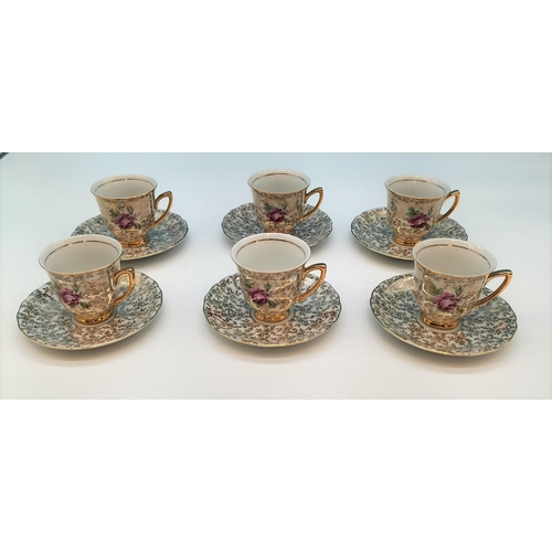 82 - Coffee Cups and Saucers (6) in a Floral and Gold Pattern by Zimco.