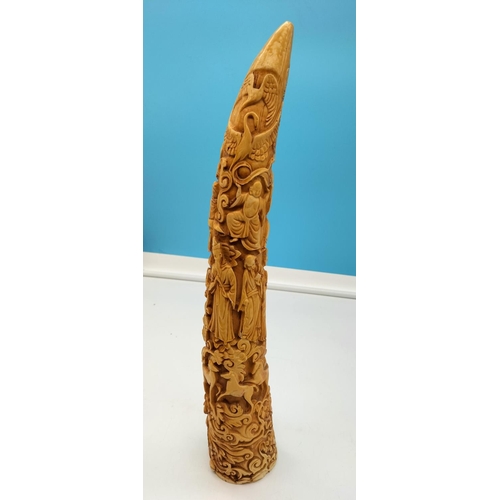 89 - Carved Alabaster Chinese Design Tusk. 45cm Tall.