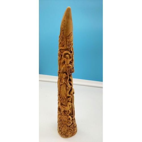 89 - Carved Alabaster Chinese Design Tusk. 45cm Tall.