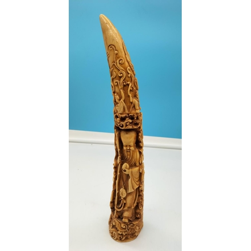 89 - Carved Alabaster Chinese Design Tusk. 45cm Tall.