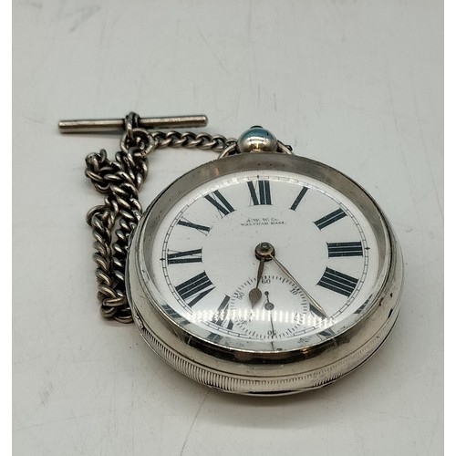 112 - A.W.W.C. Waltham Silver Cased Pocket Watch plus Silver Hallmarked Albert Chain. Requires Service