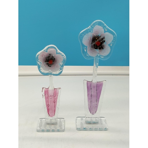 149 - Habrat Glass Flower in Pot Ornaments (2) 28cm Tall.