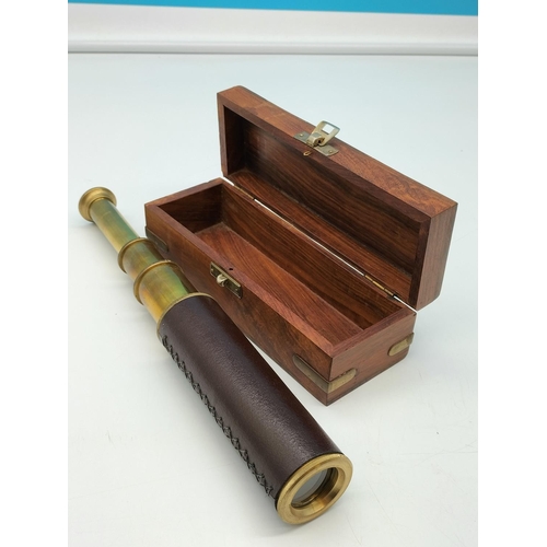 165 - Leather Bound 3 Draw Telescope in Wooden Box. When Open Telescope measures 40.5cm.