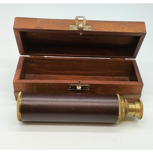 165 - Leather Bound 3 Draw Telescope in Wooden Box. When Open Telescope measures 40.5cm.