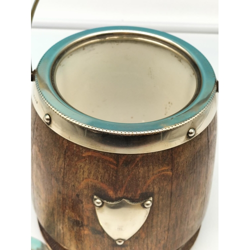 167 - Wooden Ice/Biscuit Barrel with Plated Lid and Shield Design. 18cm Tall.