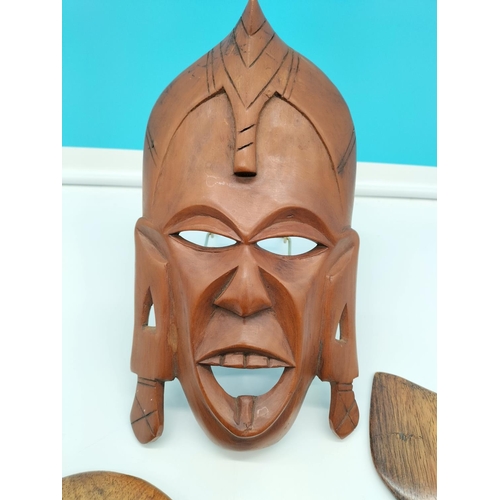 171 - African Wooden Wall Plaques (2) plus Wooden Face Mask. 33cm Tall.