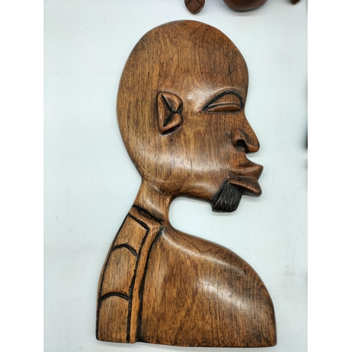 171 - African Wooden Wall Plaques (2) plus Wooden Face Mask. 33cm Tall.