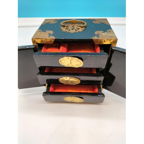 200 - Chinese Lacquered and Brass Jewellery Box. 13cm High, 16cm x 12cm.