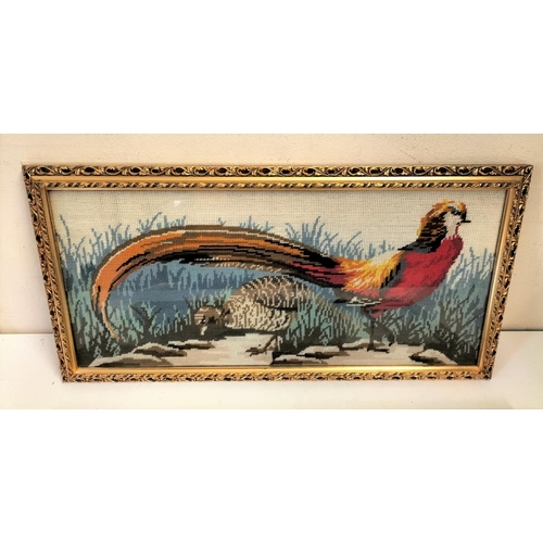 221 - 2 x Needlework Tapestries of Male and Female Pheasants in Ornate Gold Frames. 65cm x 33cm.