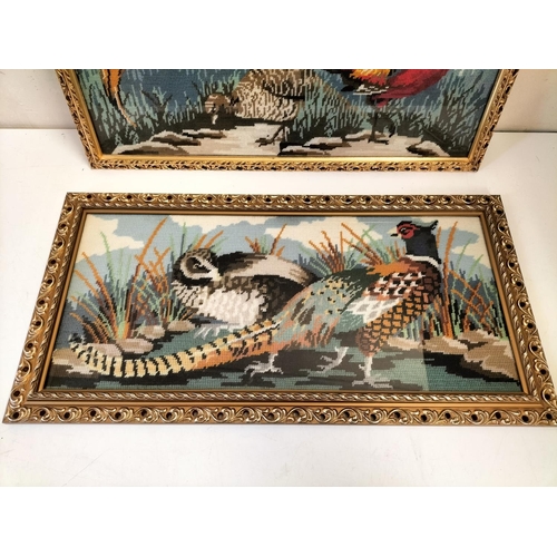 221 - 2 x Needlework Tapestries of Male and Female Pheasants in Ornate Gold Frames. 65cm x 33cm.