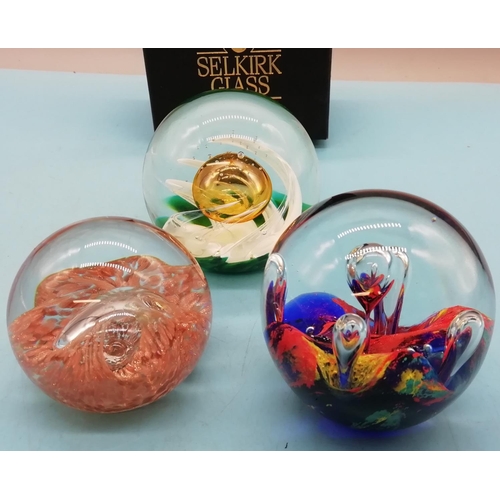 245 - Selkirk Signed and Boxed Glass Paperweight plus 2 Others. Tallest being 7cm.