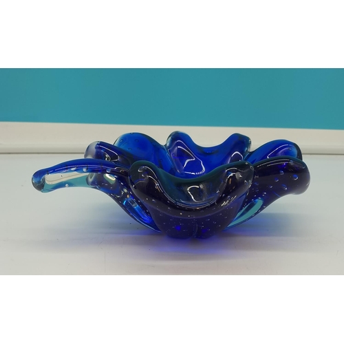 249 - Whitefriars Blue Controlled Bubble Four Leaf Clover Dish. 7cm high, 21cm x 18cm. A/F Nip to Stem.