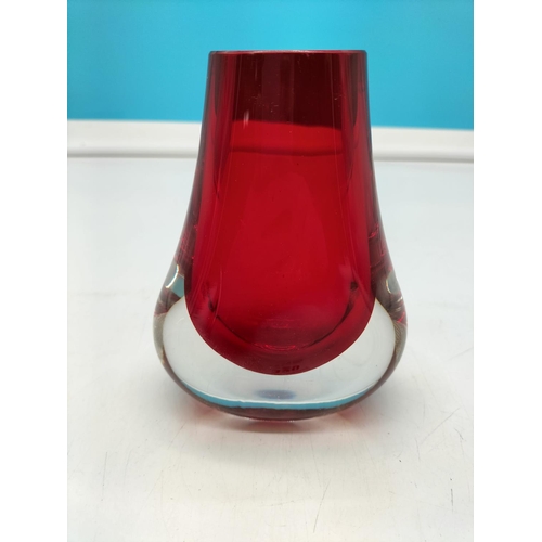 320 - Murano Red Glass 14cm Vase. Nip to Rim.