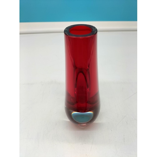 320 - Murano Red Glass 14cm Vase. Nip to Rim.