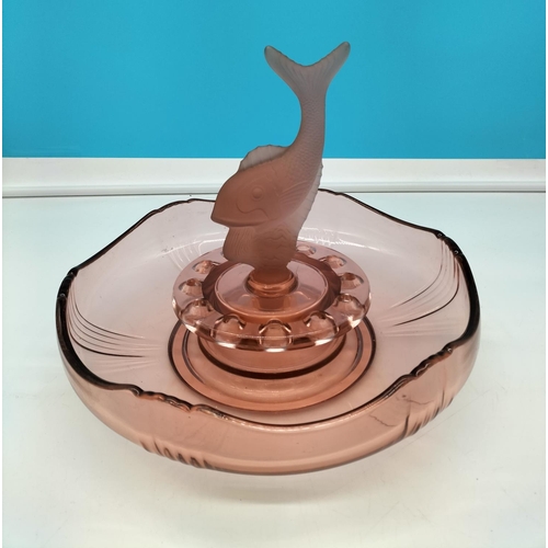 466 - Pink Glass Centrepiece with Fish Design. 23cm High, 29cm Diameter.