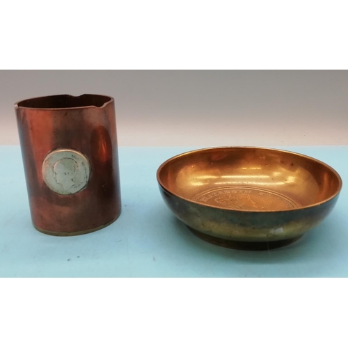 792 - 6cm Trench Art Pot with Silver Netherlands Coin plus Heavy Brass Queen Elizabeth II Trinket Dish.