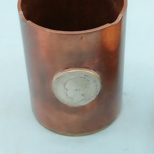 792 - 6cm Trench Art Pot with Silver Netherlands Coin plus Heavy Brass Queen Elizabeth II Trinket Dish.