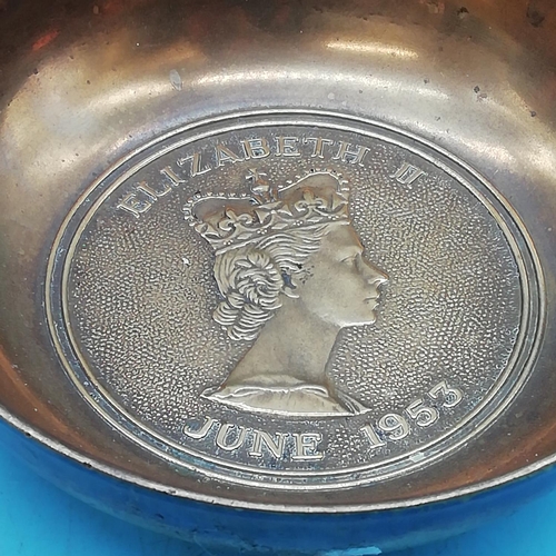 792 - 6cm Trench Art Pot with Silver Netherlands Coin plus Heavy Brass Queen Elizabeth II Trinket Dish.