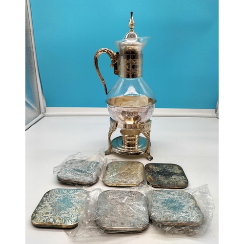 87 - Vintage Silver Plated 39cm Glass Coffee Pot with Warmer Stand plus Set of Silver Plated Coasters.