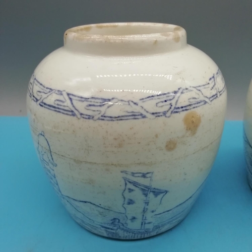 238 - 2 x Oriental Blue and White 12cm Pots. No Lids. c1950-1960. Possibly Korean.