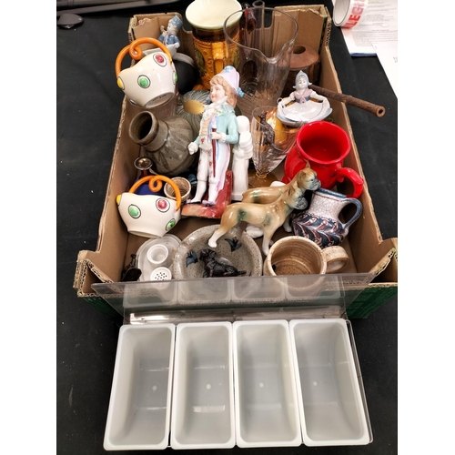 788 - Box of Mixed Pottery and Glass to include Dutch Children Pin Dishes, Dog Figures, Glass Ware, etc.