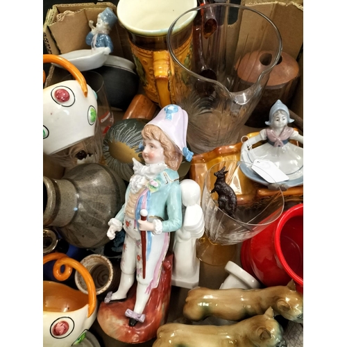 788 - Box of Mixed Pottery and Glass to include Dutch Children Pin Dishes, Dog Figures, Glass Ware, etc.