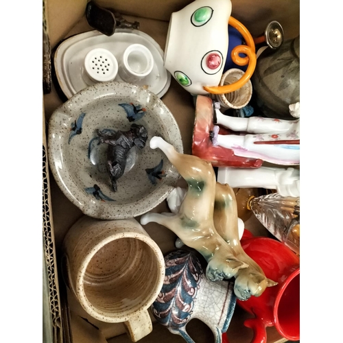 788 - Box of Mixed Pottery and Glass to include Dutch Children Pin Dishes, Dog Figures, Glass Ware, etc.