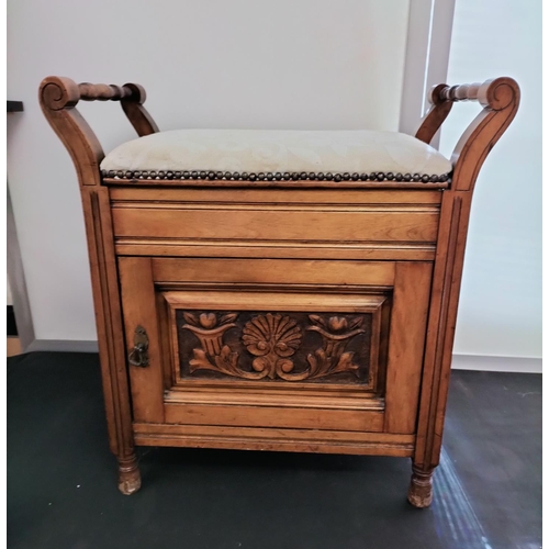 719 - Oak Piano Stool with Carved Wood Panelled Door and Music Sheet Drawer. 61cm High, 34cm x 58cm. This ... 