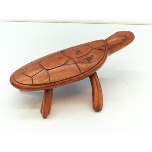 14 - Wooden Carved Turtle 'Greetings From Pitcairn Island'. Made by Reynold Warren. 10cm High, 29cm x 18c... 