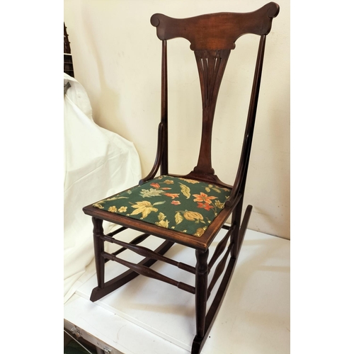 3 - Small Wooden Arts and Crafts Rocking Chair with Tapestry Covered Seat. 90cm High, 41cm x 72cm. Seat ... 