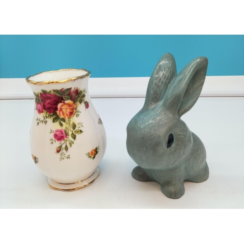 358 - Sylvac Style 15cm Rabbit plus Royal Albert 13cm Vase in the 'Old Country Roses' Pattern.