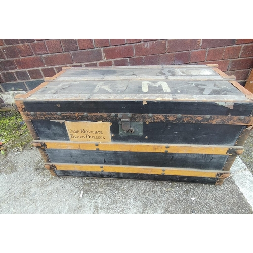 389 - Wood Banded Travel Trunk. 44cm High, 85cm x 45cm. This Lot is Collection Only.