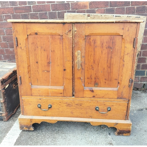 390 - Pitch Pine 1 Drawer, 2 Door Storage Cabinet. 94cm High, 95cm x 39cm. This Lot is Collection Only.