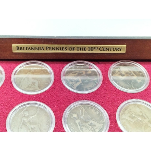 4 - 50 Britannia Pennies of the 20th Century with Some Leaflets. In Display Case. 46cm x 25cm x 8cm.