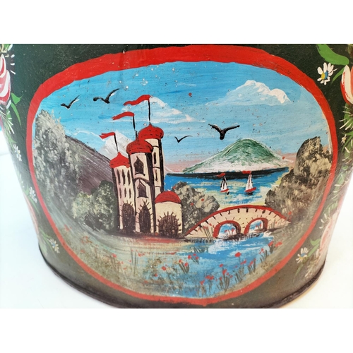 7 - Barge Ware Hand Painted Coal Bucket with Wooden Base. 27cm High x 43cm x 29cm.