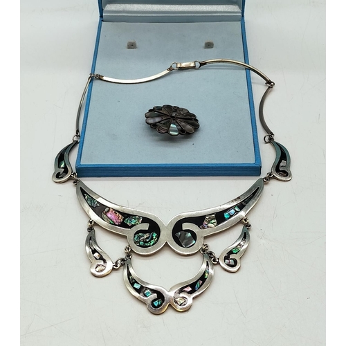 702 - Alpaca Mexico Silver Necklace and Brooch with Mother of Pearl Inlay.