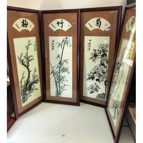 714 - Framed Chinese Silk Four Seasons Embroideries in Monochrome (4). 44cm x 105cm. This Lot is Collectio... 