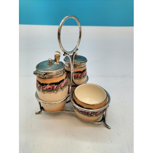 715 - Crown Devon Fieldings Condiments Set on Silver Plated Holder. 15cm High.