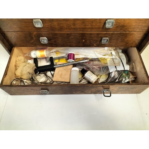 30A - Vintage Wooden 7 Drawer Box containing Fly Fishing Equipment. 33cm High, 43cm x 19.5cm.