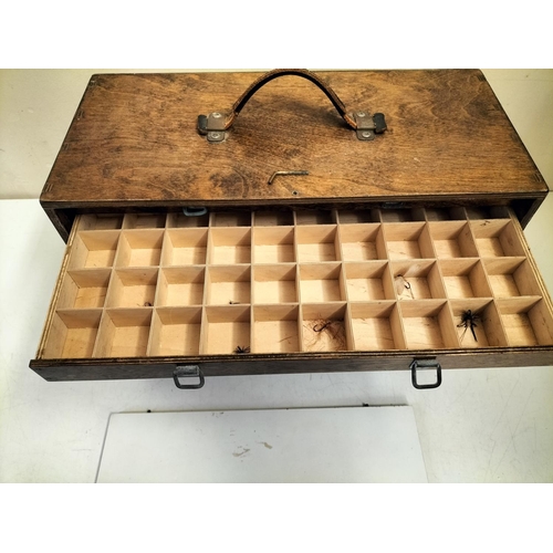 30A - Vintage Wooden 7 Drawer Box containing Fly Fishing Equipment. 33cm High, 43cm x 19.5cm.